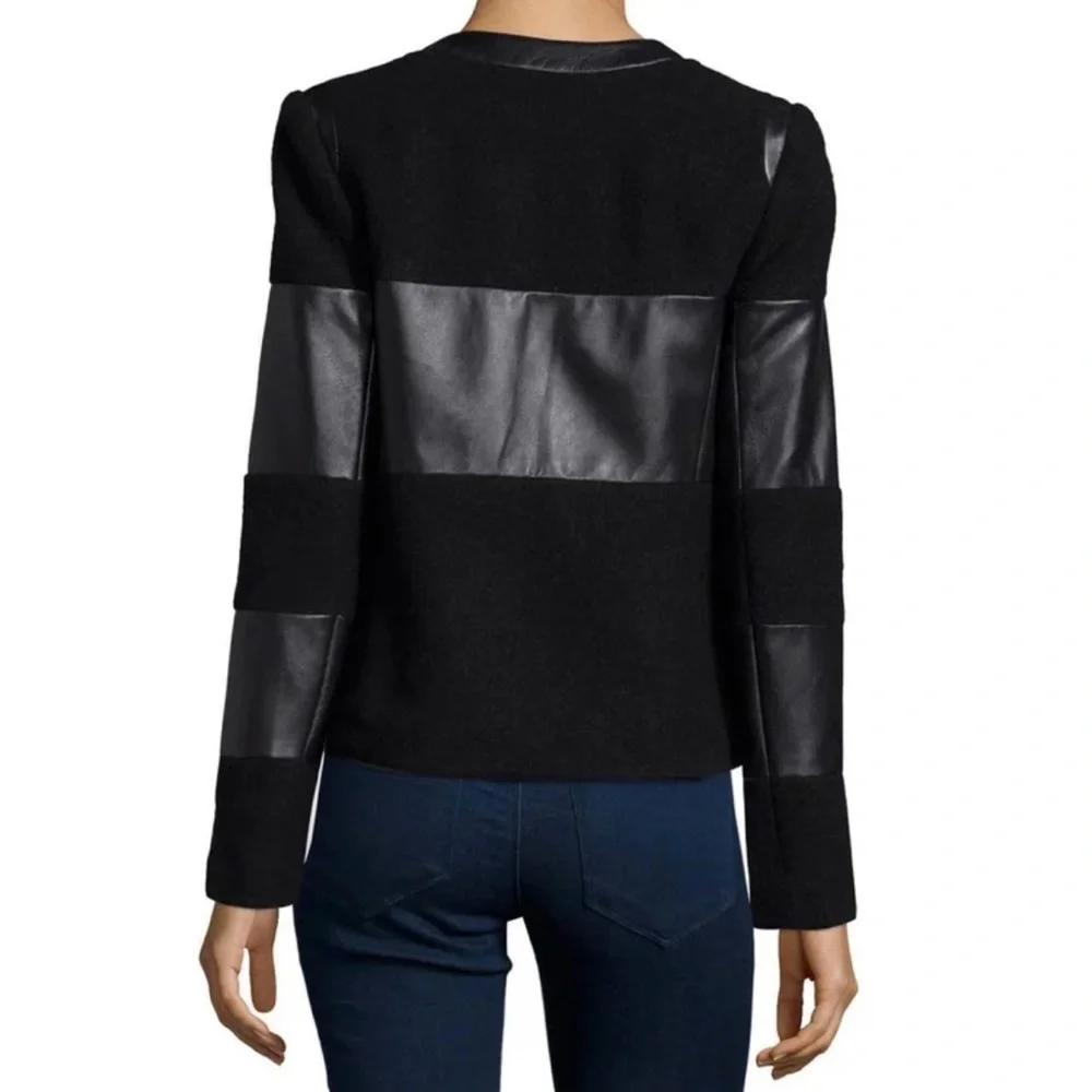 NWOT L’Agence Women’s Harper Leather and Wool Contrast Blazer in‎ Black Size 2